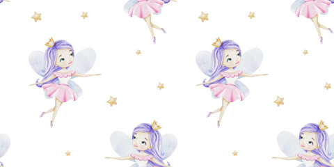 Cute little fairy with light blue wings and stars. Fairytale princess with a crown. Watercolor seamless pattern for kid's goods, postcards, baby shower and children's room