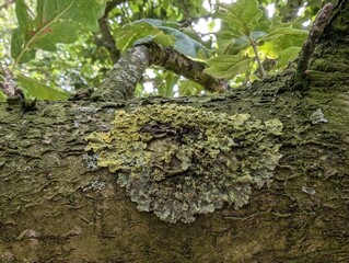 Xanthoria lichen growing on a tree branch