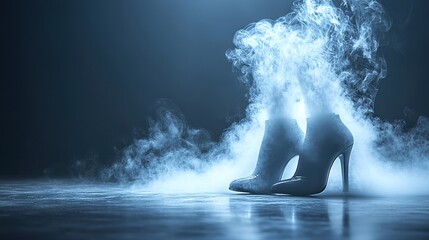 Obraz premium High heeled shoes on blue background with smoke emanating from them
