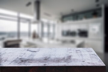 Wood desk top on kitchen background.
