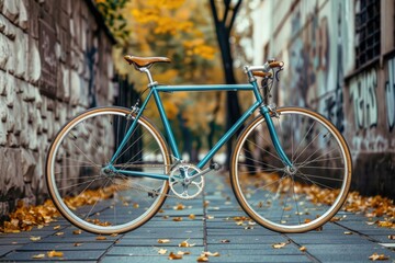 Fototapeta premium A blue bicycle leaning against a street curb with urban surroundings
