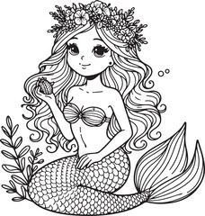 Mermaid line art coloring book illustration