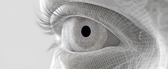 Closeup of a human eye rendered in a digital wireframe mesh, a modern illustration of the concept of digital reality, AI, or artificial intelligence.