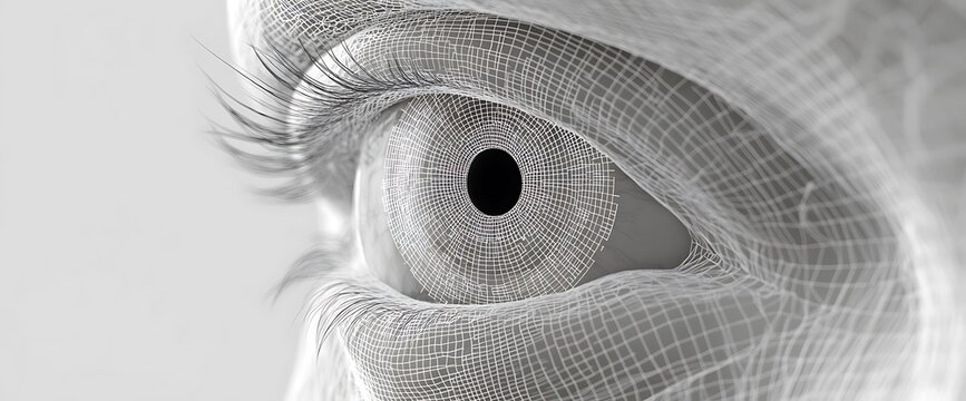 Closeup of a human eye rendered in a digital wireframe mesh, a modern illustration of the concept of digital reality, AI, or artificial intelligence.