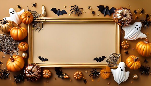 frame featuring party decorations like pumpkins bats ghosts spiders golden backdrop ideal festive greeting card