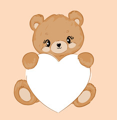 Teddy bear and heart vector hand drawn illustration, cute print design for kids 