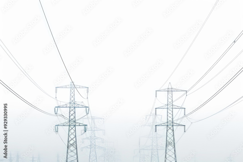 Poster Foggy field with power lines running through it, great for use in environmental or infrastructure images