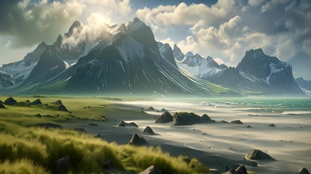 Fantastic panoramic seascape. Dramatic overcast sky. Iceland, Europe. Beauty world, Majestic summer scene of Stokksnes headland with Vestrahorn Batman Mountain in the background