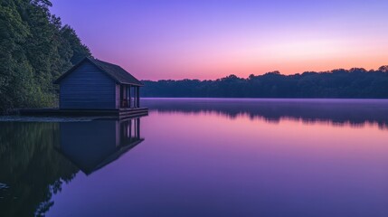 Fototapeta premium A serene lakeside cabin at dawn, reflecting vibrant colors in calm waters.