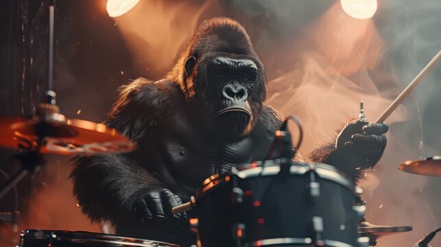 A gorilla playing drums on stage during a lively concert at night