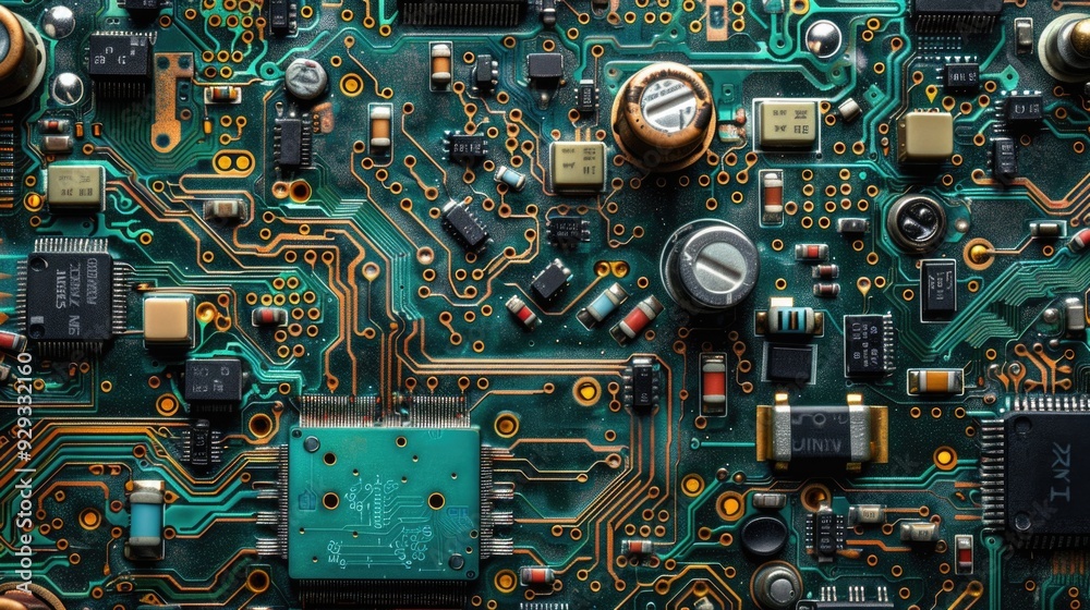 Aufkleber A close-up shot of various electronic components on a circuit board