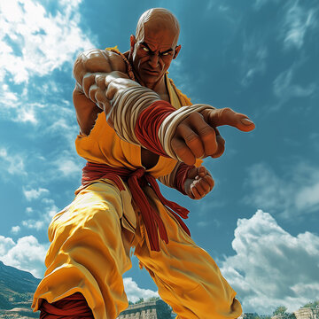 A mystical martial artist figher from India embodying ancient wisdom and spiritual strength, channeling elemental power and inner peace through disciplined combat, adorned with ritualistic attire