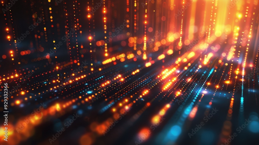 Poster colorful light trails create dynamic patterns in a digital environment at dusk