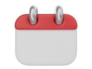 Calendar icon with a white body and a red top, featuring two metallic rings. It's clean and minimalistic, symbolizing scheduling or planning.