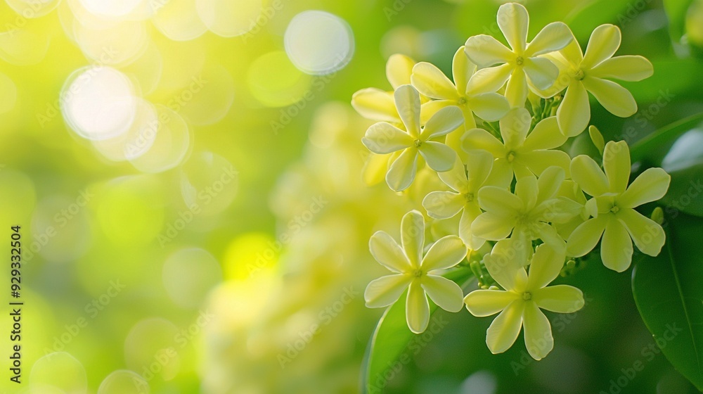 Wall mural   A close-up photo of vibrant flowers growing on a leafy plant, illuminated by the sun through the foliage