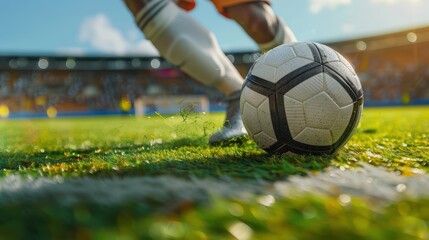 Player prepares to kick a soccer ball on a bright sunny day at a stadium