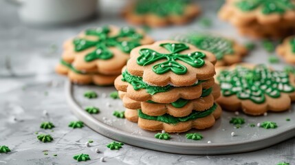Stacked green shamrock cookies on a gray countertop during St. Patrick's Day celebration