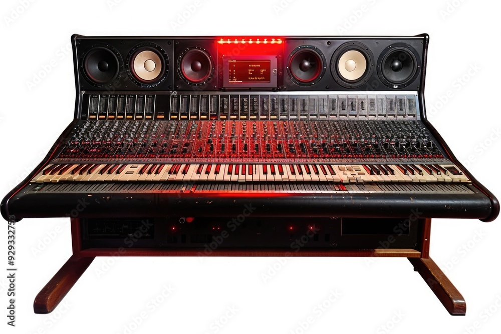 Poster a sound board with black and red buttons sitting on a table, ideal for use in presentations or music