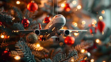 Decorative airplane ornament hanging from a Christmas tree with shiny baubles