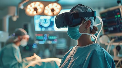 Surgeon using virtual reality technology during a procedure in a modern operating room