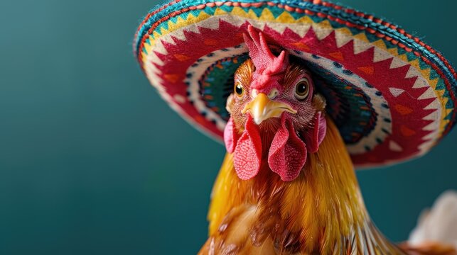 Colorful chicken wearing a sombrero against a teal background