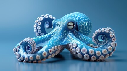 Fototapeta premium Colorful blue octopus with detailed tentacles on a smooth blue background