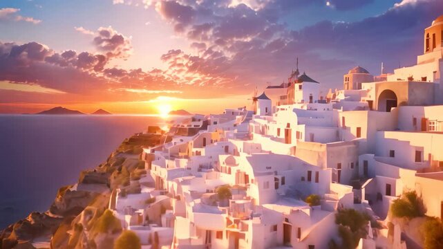 Sunset over Oia village on Santorini island, Greece, Oia at sunset in Santorini, Greece