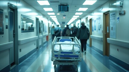 Obraz premium Hospital corridor with medical staff and empty patient bed at daytime