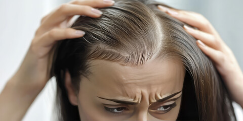 Naklejka premium A sad woman looks at her thinning hair. The problem of hair loss. Damaged Hair symptom