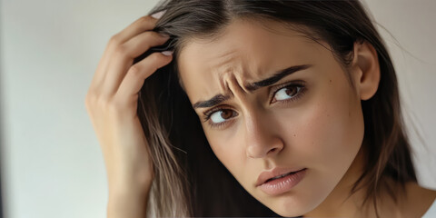 Obraz premium A sad woman looks at her thinning hair. The problem of hair loss. Damaged Hair symptom