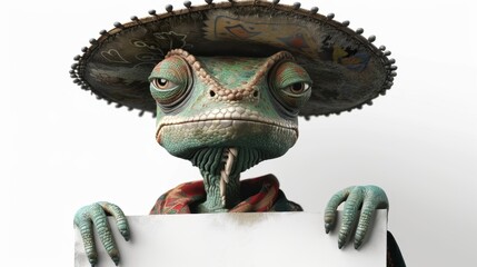 Lizard character wearing a sombrero holds a sign against a plain background