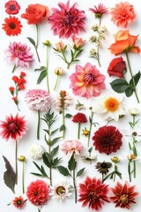 A collection of colorful flowers arranged on a clean white surface, ideal for decorating or as a still life composition
