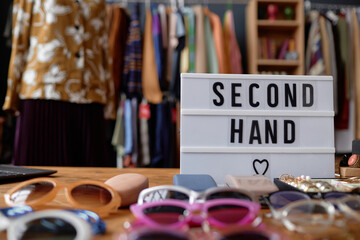 Close up on cinematic letter board with changeable symbols with inscription Second Hand on table at thrift store checkout, copy space