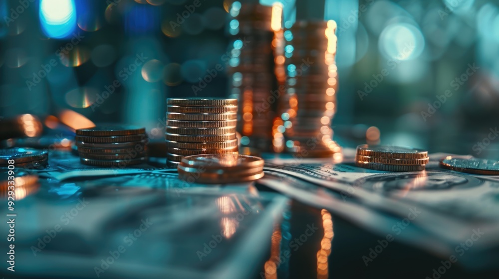 Wall mural A pile of coins sits on top of a table, ready for counting or sorting