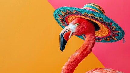 Flamingo wearing a colorful sombrero against a vibrant orange and pink backdrop