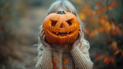 Naklejka premium Child holds carved pumpkin while surrounded by autumn foliage in a forest