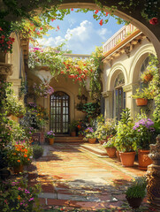 Fototapeta premium Idyllic courtyard filled with vibrant flowers and abundant greenery, illuminated by the gentle glow of sunlight filtering through an elegant arched entrance