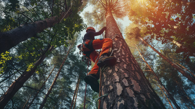 Arborist or tree surgeon professional climbing high tall tree on ropes used safety equipment at park.