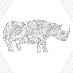 Rhino animal zentangle stylized. Rhinoceros vector, illustration, pattern. Zen art. Black and white illustration on white background. Adult anti-stress coloring book.