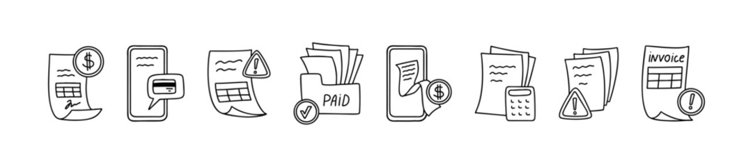 Line doodle bill and invoice icon set. Receipt, tax, loan, order hand drawn concept. NFC contactless payment, money transfer, bank credit card, atm symbol line art drawing