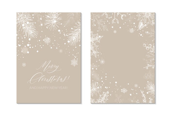 Two side Merry Christmas and Happy New year greeting card. Hand drawn sketch winter postcard. Trendy holiday festive design background for invitations, certificate, social media templates