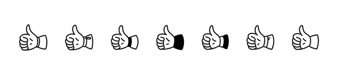 Thumb up cute line doodle icons set. Good expression. Hand sketch vector illustration. Social media comment, post like, rate symbol. Customer positive feedback. Raised finger