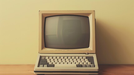 Vintage computer on a wooden surface against a plain yellow wall