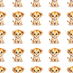 Fototapeta premium set of animals seamless pattern AI generated baby lion in digital watercolor style wallpaper background