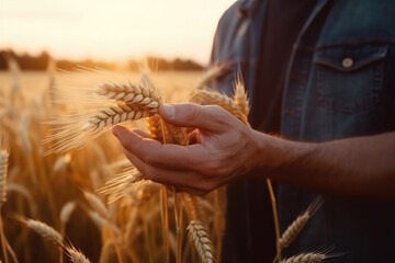 Farmer holding wheat in field at sunset - agriculture concept