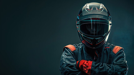 Racer wearing professional suit and helmet is posing with crossed arms