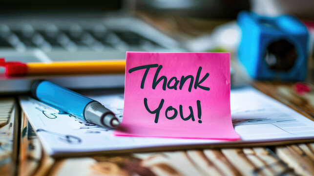 Thank you note on desk with stationery items showing gratitude