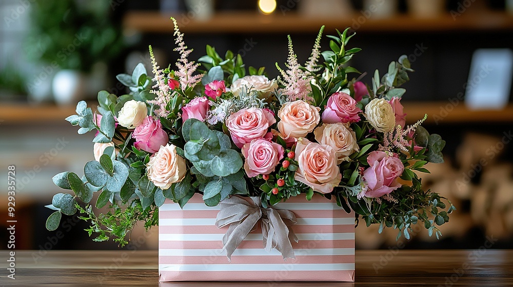 Canvas Prints  Pink & White Flowers in Pink & White Striped Box with Bow on Wooden Table