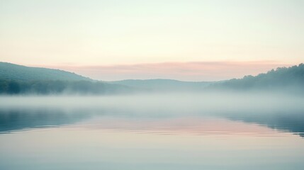 Obraz premium A serene landscape featuring a misty lake and gentle hills at dawn.