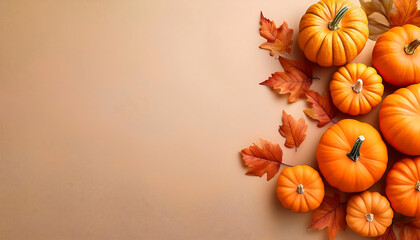 orange pumpkins autumn leaves beige background